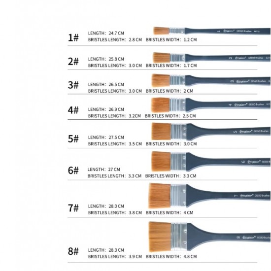 Professional straight brush for applying gesso, long wooden stick, dense bristles