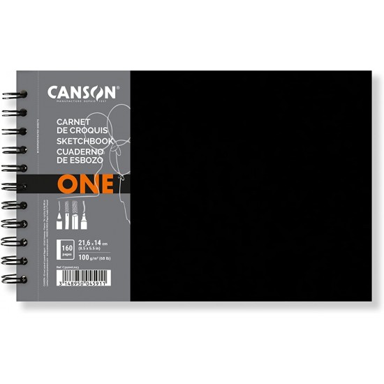Canson A5-21.6x14cm, One Art Book, Drawing Notebook, Fine Grain, 100gsm, Spiral Notebook, Hardcover, White, 160 pages