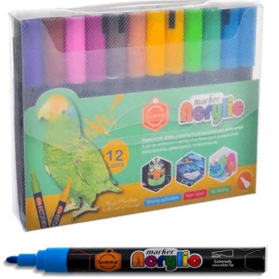 اقلام ماركر اكريليك 12 لون عريض 4 ملي لجميع الاسطح