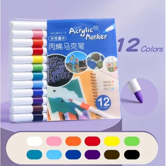 Acrylic markers,12 colors, quick-drying, with a rubber grip, suitable for all surfaces.