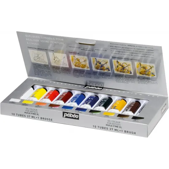 طقم ألوان زيتيه 10 لون × 37 ملي + فرشاة + 2 تيوب ابيض 37 ملي من بيبيو الفرنسية