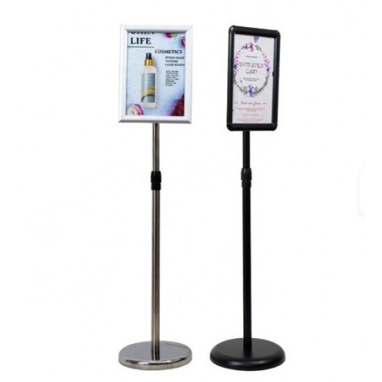 Aluminum floor-standing display stand for posters and advertisements, available in A4 and A3 sizes, in black, silver, and gold.
