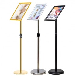 Aluminum floor-standing display stand for posters and advertisements, available in A4 and A3 sizes, in black, silver, and gold.