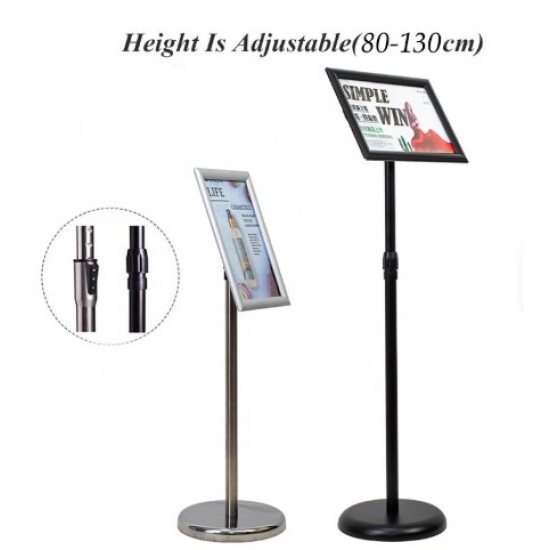 Aluminum floor-standing display stand for posters and advertisements, available in A4 and A3 sizes, in black, silver, and gold.