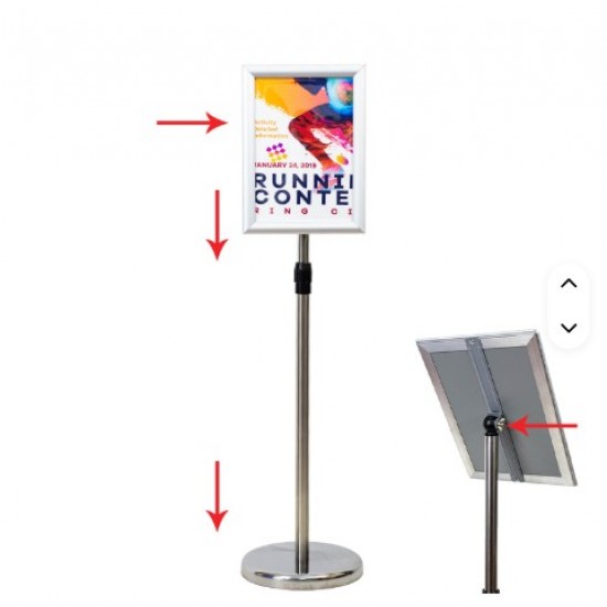 Aluminum floor-standing display stand for posters and advertisements, available in A4 and A3 sizes, in black, silver, and gold.