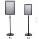 Aluminum floor-standing display stand for posters and advertisements, available in A4 and A3 sizes, in black, silver, and gold.