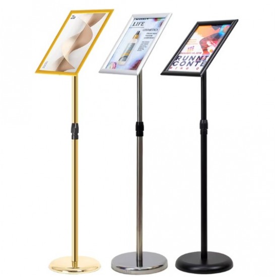 Aluminum floor-standing display stand for posters and advertisements, available in A4 and A3 sizes, in black, silver, and gold.