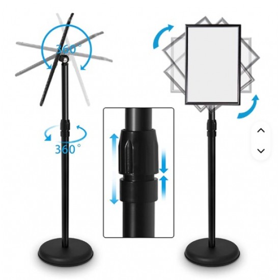 Aluminum floor-standing display stand for posters and advertisements, available in A4 and A3 sizes, in black, silver, and gold.