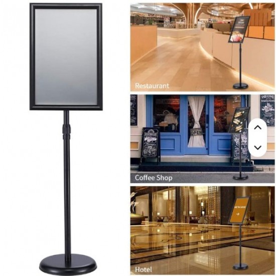 Aluminum floor-standing display stand for posters and advertisements, available in A4 and A3 sizes, in black, silver, and gold.