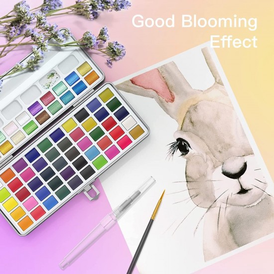 مجموعة الوان مائية 72 لون شفافة حجرية  عالية الجودة مع فرشاة وقلم وإسفنجة علبة المنيوم فاخرة