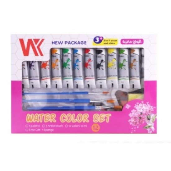طقم الوان مائية 12 لون 12 ملي + 3 فرش وبلت و اسفنجة سمايل